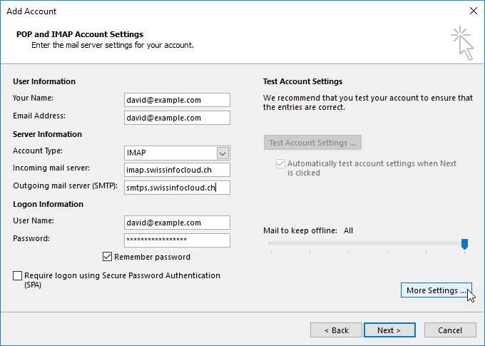 Set up imap mail box in Outlook Archivio Domande SwissInfoCloud